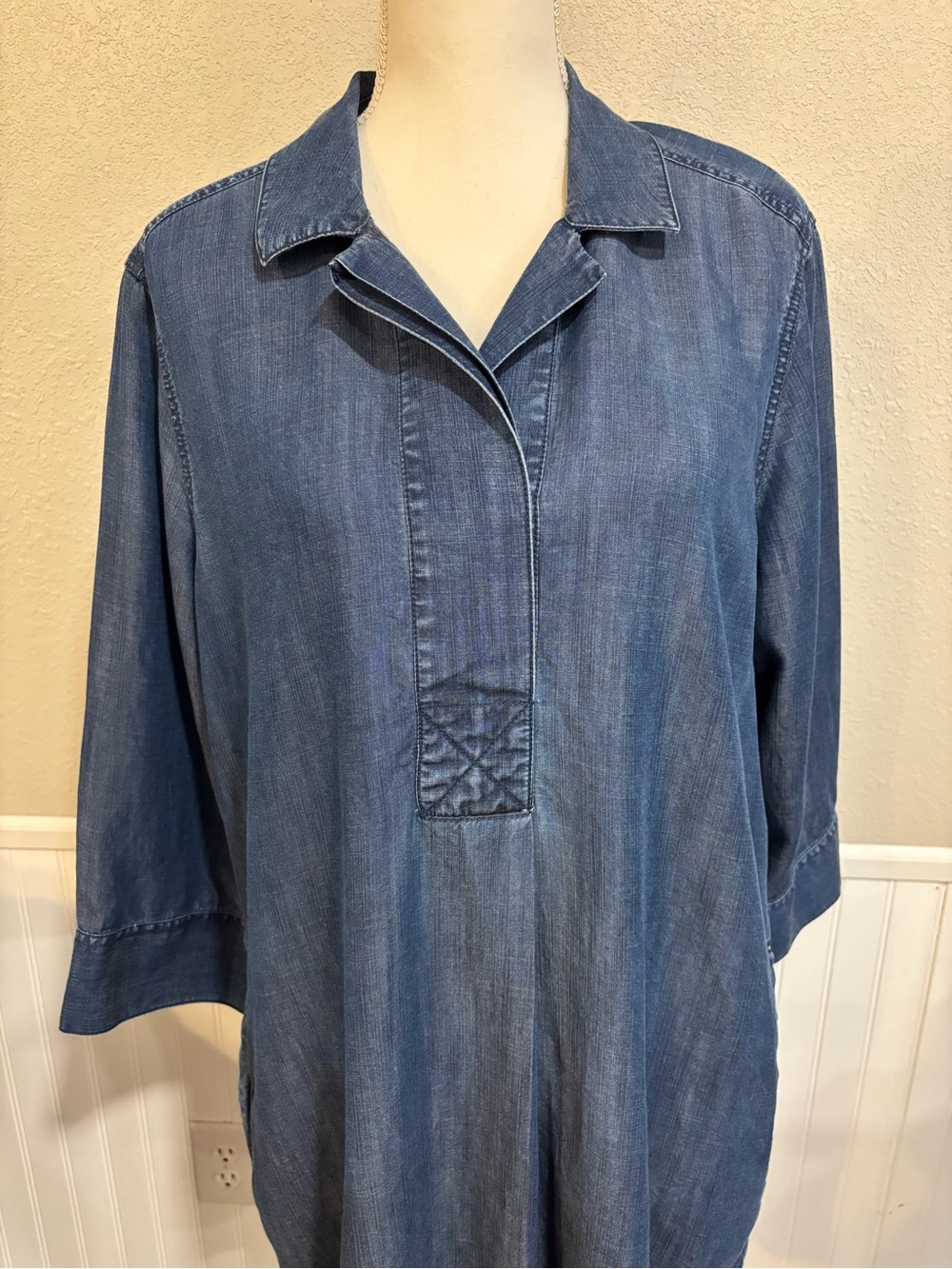 Foxcroft Tencel Lyocell Denim Shirt Dress Size 16 Blue 3/4 Sleeve Pockets